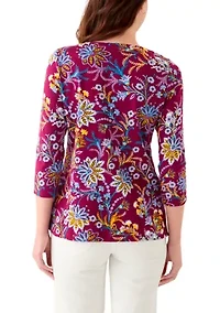 Women's 3/4 Sleeve Split Neck Allover Print Top