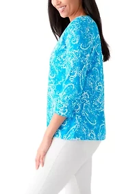 Women's 3/4 Sleeve Split Neck Allover Print Top