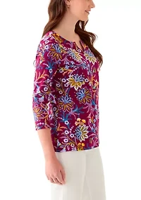 Women's 3/4 Sleeve Split Neck Allover Print Top