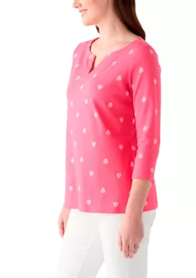 Women's 3/4 Sleeve Split Neck Allover Print Top