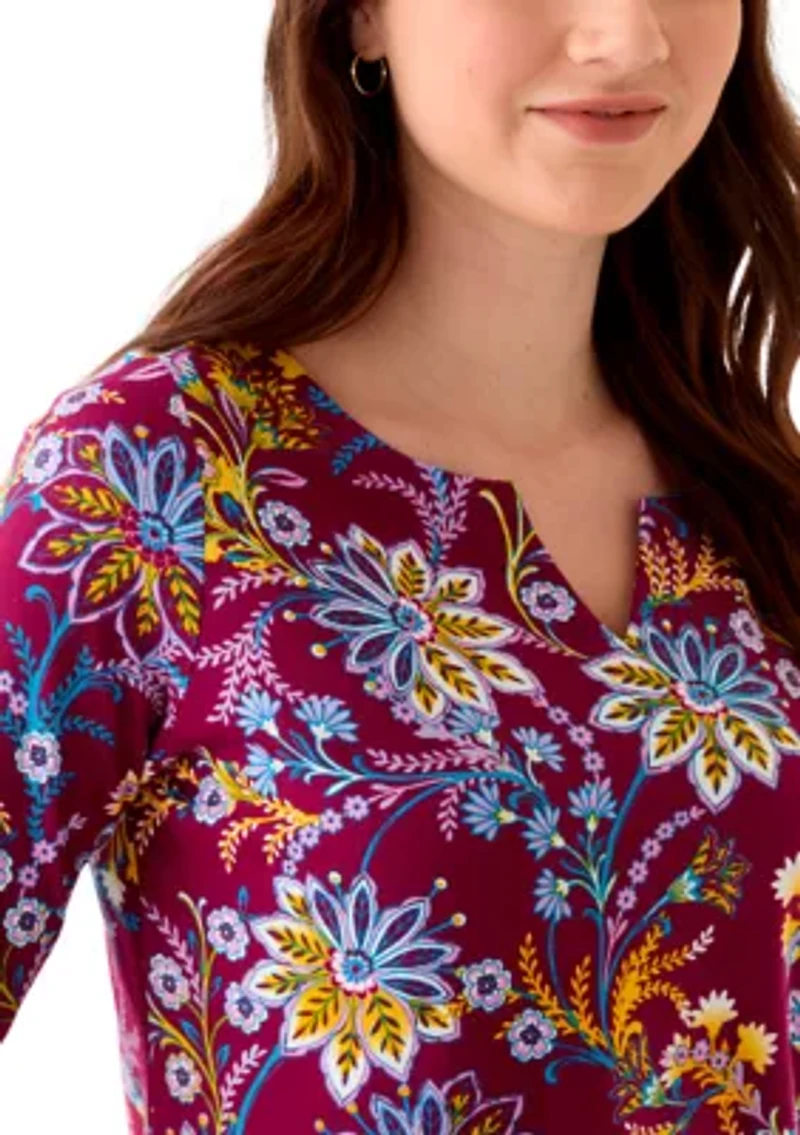 Women's 3/4 Sleeve Split Neck Allover Print Top