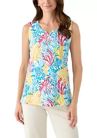 Women's Sleeveless Split Neck Allover Print Tank Top