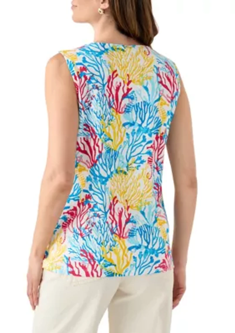 Women's Sleeveless Split Neck Allover Print Tank Top