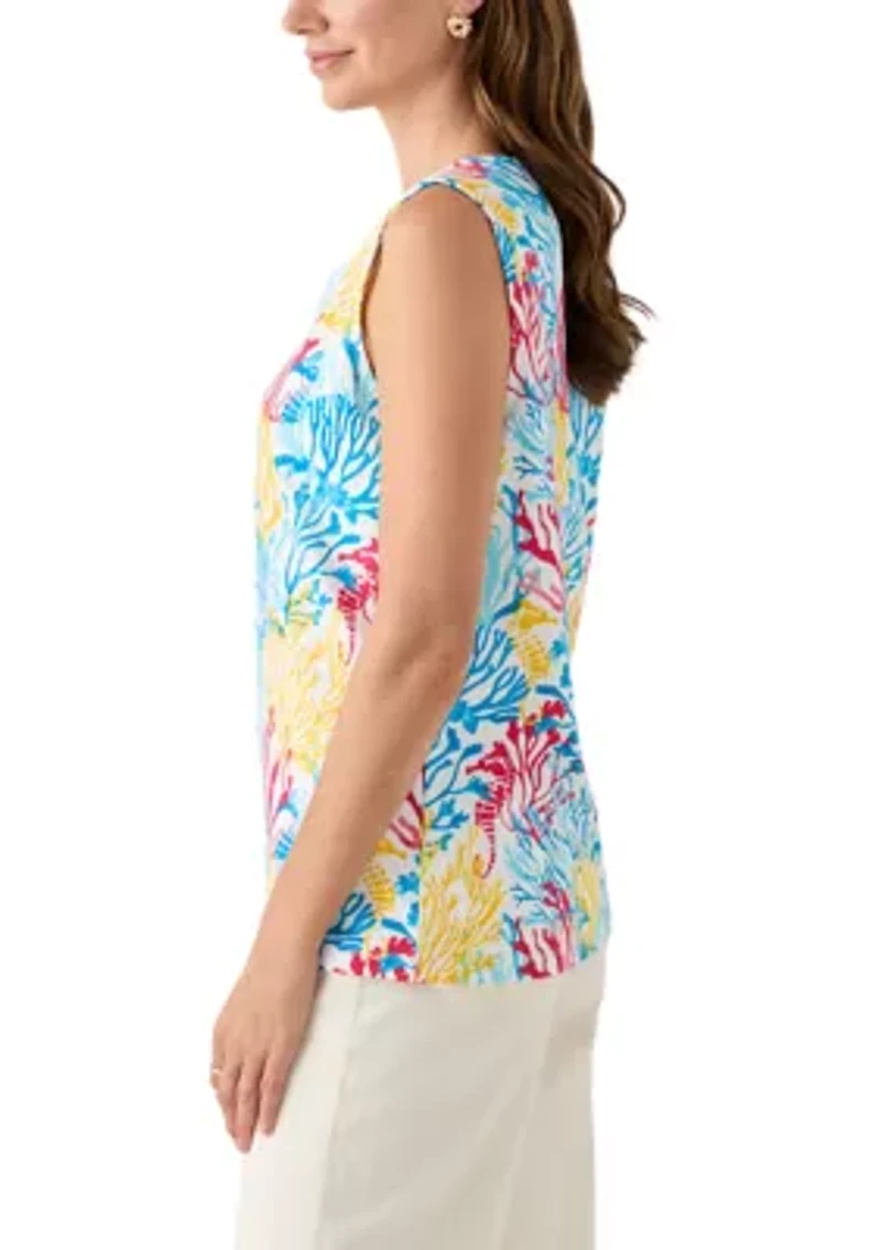 Women's Sleeveless Split Neck Allover Print Tank Top