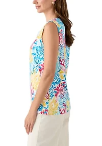 Women's Sleeveless Split Neck Allover Print Tank Top