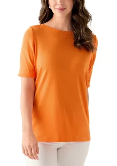 Women's Elbow Sleeve Rolled Cuff Solid Top