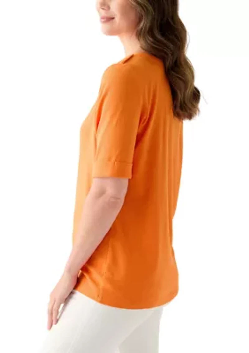 Women's Elbow Sleeve Rolled Cuff Solid Top