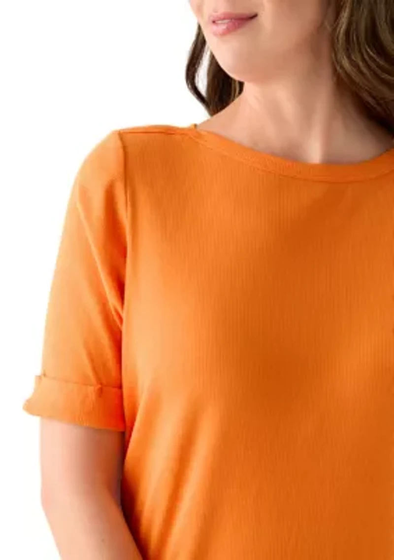 Women's Elbow Sleeve Rolled Cuff Solid Top