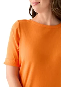 Women's Elbow Sleeve Rolled Cuff Solid Top
