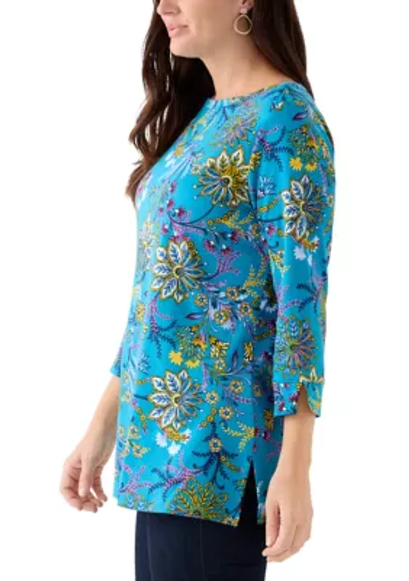 Women's 3/4 Sleeve Printed Bateau Tunic