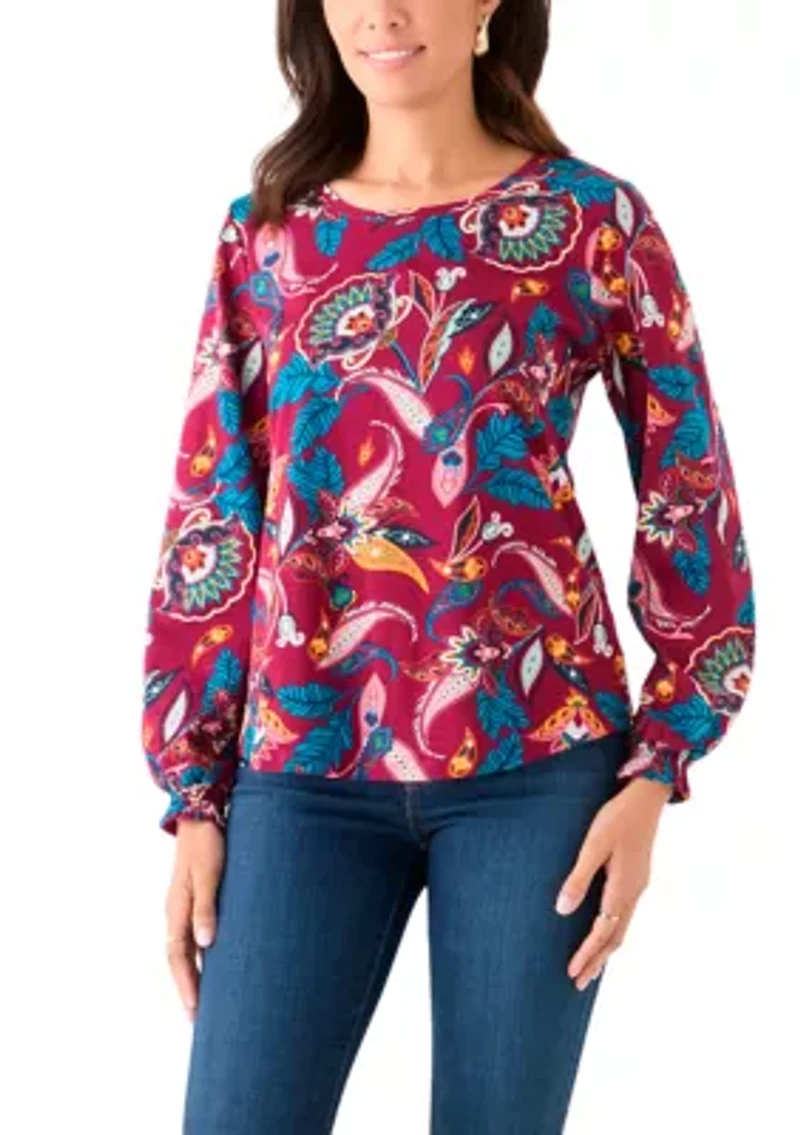 Women's Long Sleeve Smocked Cuff Printed Top