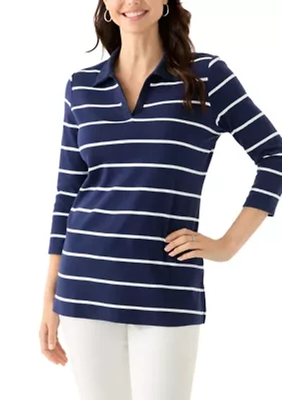 Women's 3/4 Sleeve Stripe Polo Top