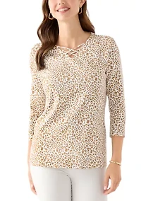 Women's 3/4 Printed Neck Detail Top