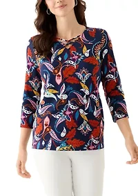 Women's 3/4 Printed Neck Detail Top