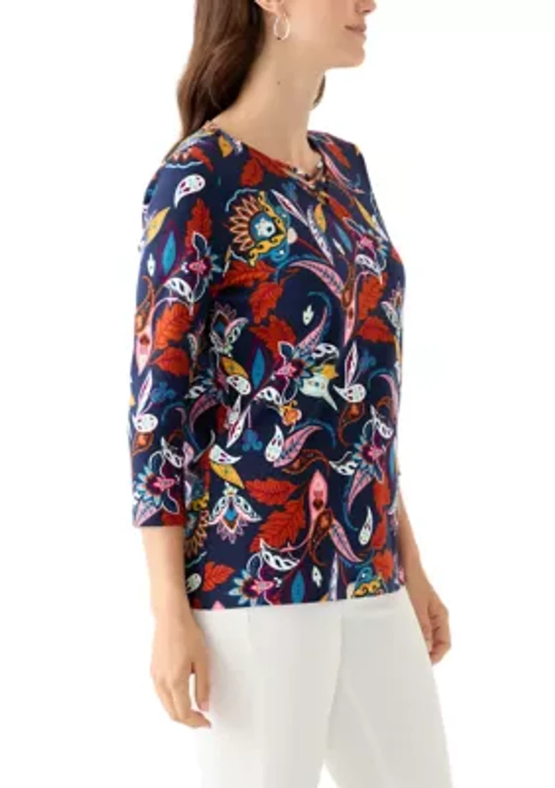 Women's 3/4 Printed Neck Detail Top