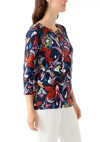 Women's 3/4 Printed Neck Detail Top