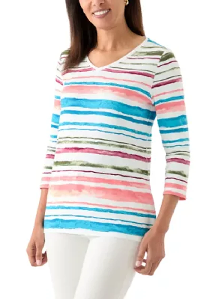 Women's 3/4 Sleeve V-Neck Stripe Print T-Shirt