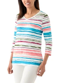 Women's 3/4 Sleeve V-Neck Stripe Print T-Shirt