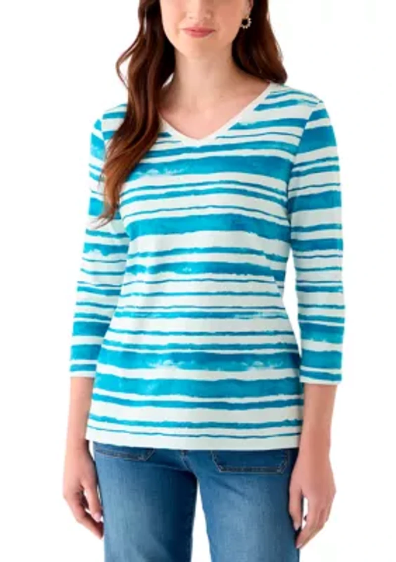 Women's 3/4 Sleeve V-Neck Stripe Print T-Shirt
