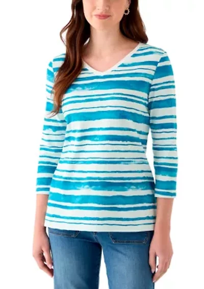 Women's 3/4 Sleeve V-Neck Stripe Print T-Shirt