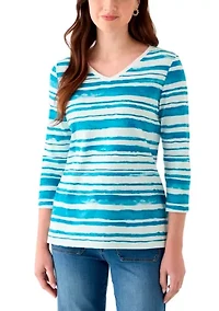 Women's 3/4 Sleeve V-Neck Stripe Print T-Shirt
