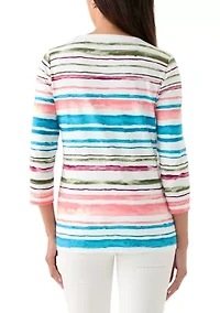 Women's 3/4 Sleeve V-Neck Stripe Print T-Shirt