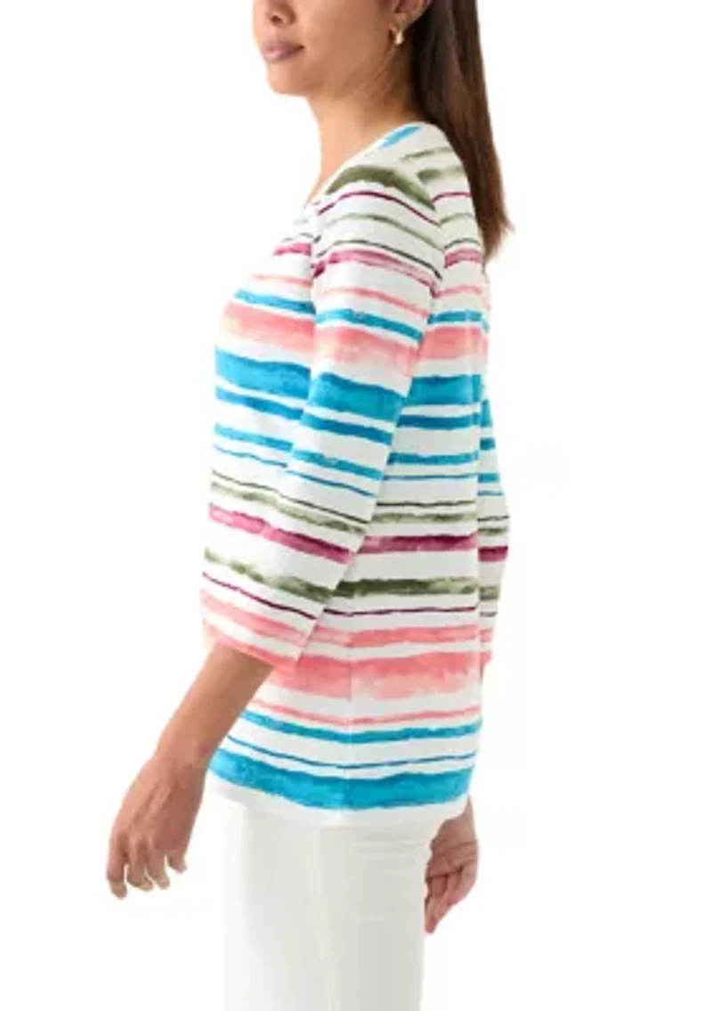 Women's 3/4 Sleeve V-Neck Stripe Print T-Shirt