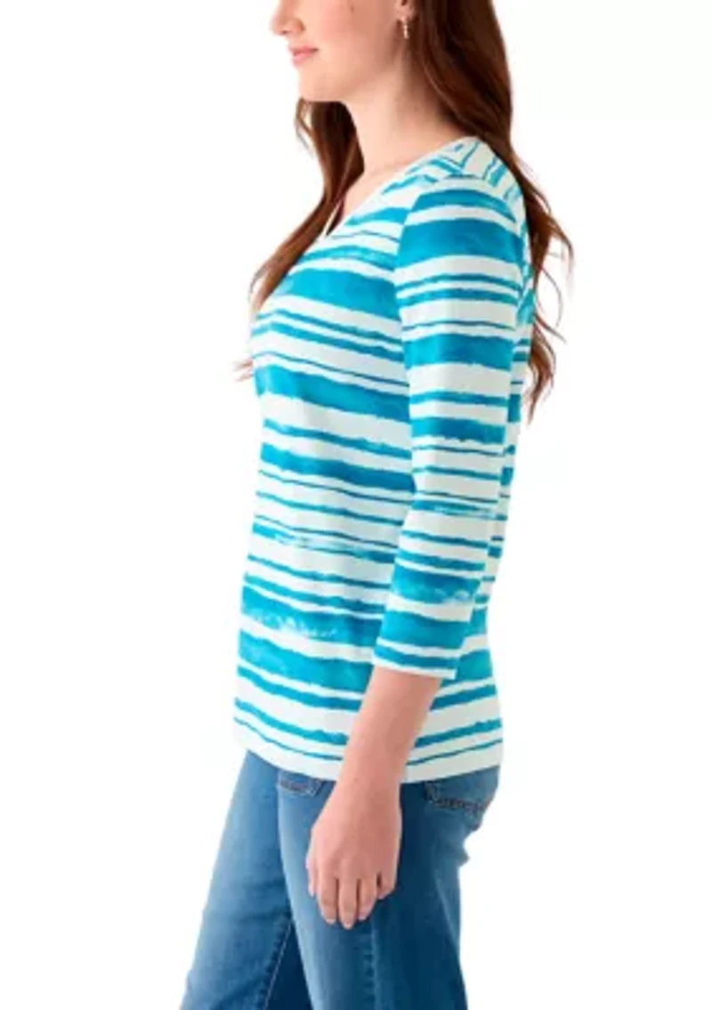 Women's 3/4 Sleeve V-Neck Stripe Print T-Shirt