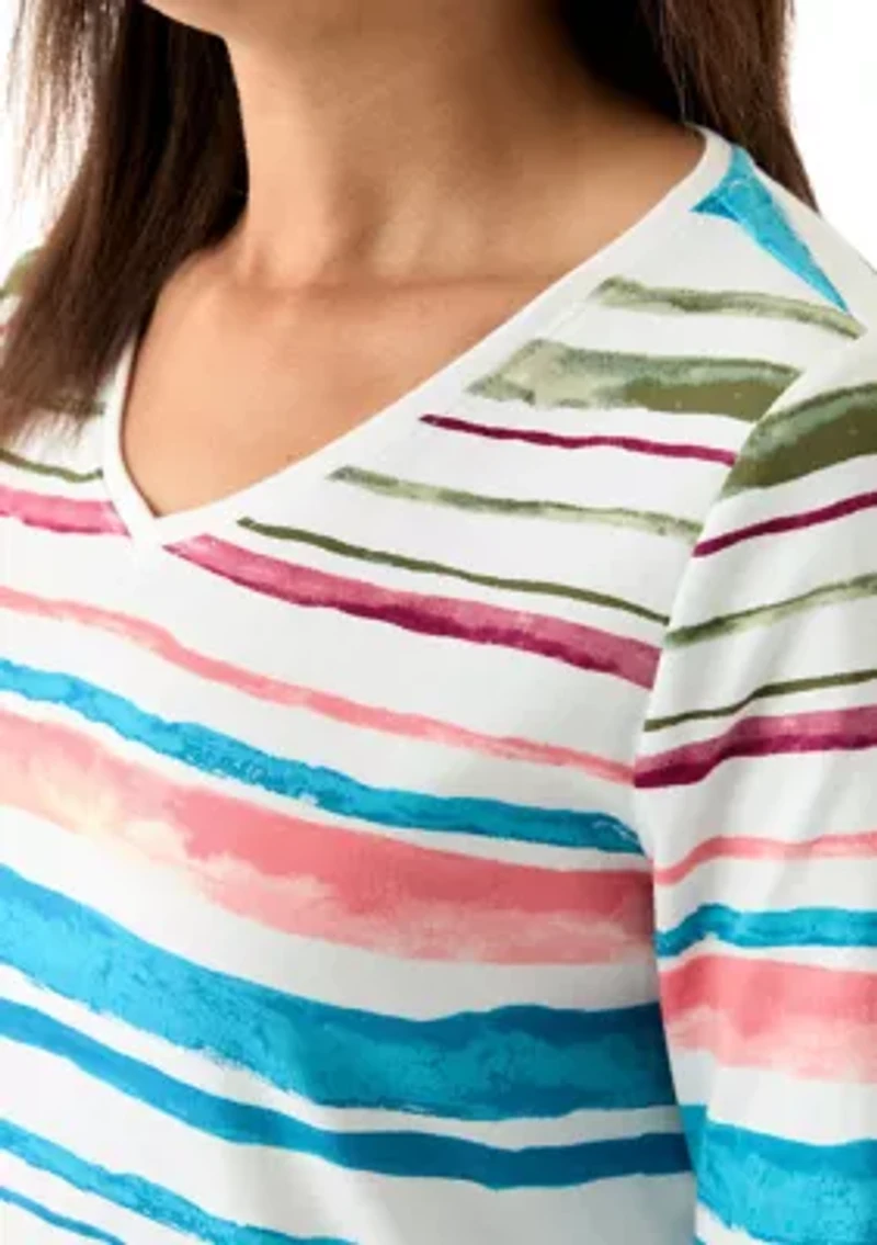 Women's 3/4 Sleeve V-Neck Stripe Print T-Shirt
