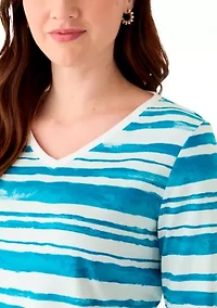 Women's 3/4 Sleeve V-Neck Stripe Print T-Shirt