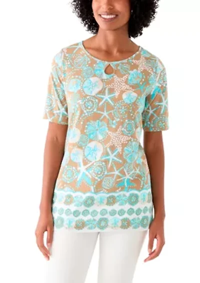 Women's Keyhole Border Printed Top