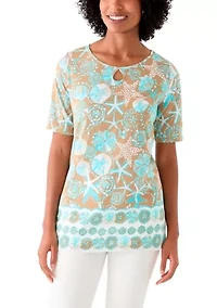 Women's Keyhole Border Printed Top