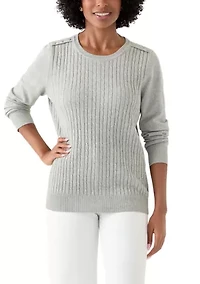 Women's Long Sleeve Cable Crew Neck Button Trim Sweater