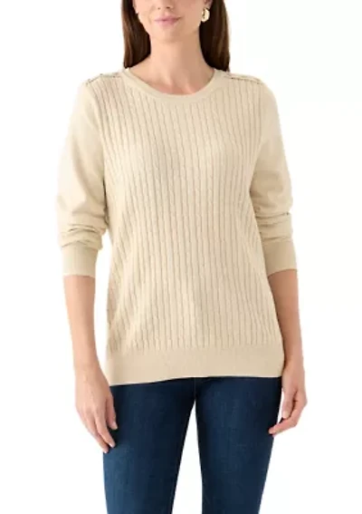 Women's Long Sleeve Cable Crew Neck Button Trim Sweater