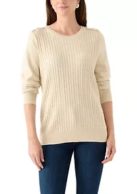 Women's Long Sleeve Cable Crew Neck Button Trim Sweater