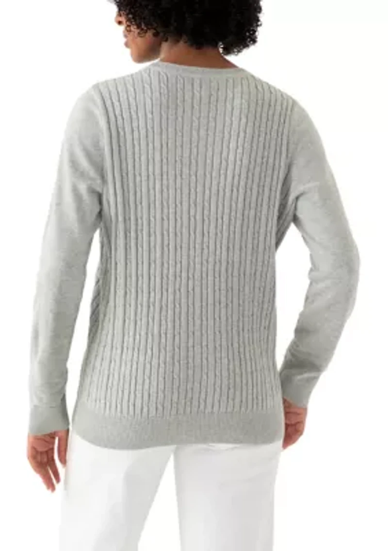 Women's Long Sleeve Cable Crew Neck Button Trim Sweater