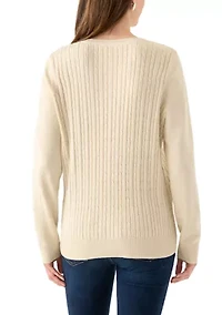Women's Long Sleeve Cable Crew Neck Button Trim Sweater