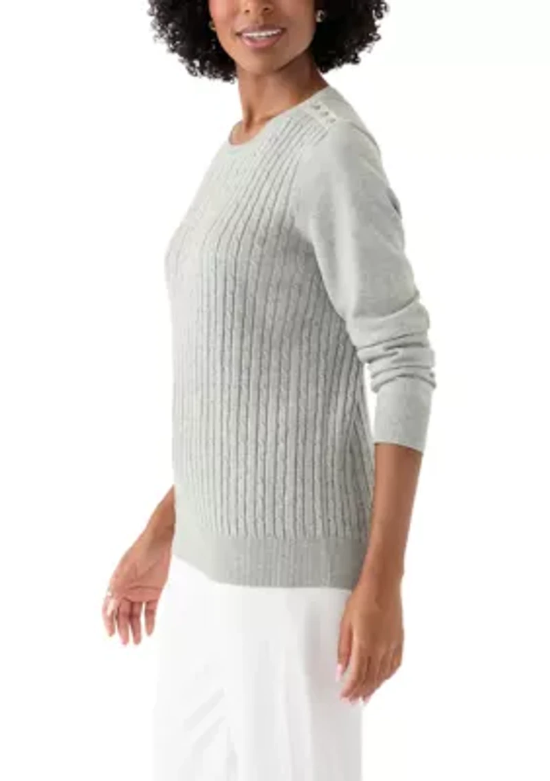 Women's Long Sleeve Cable Crew Neck Button Trim Sweater