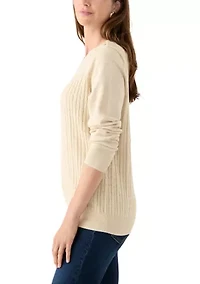 Women's Long Sleeve Cable Crew Neck Button Trim Sweater