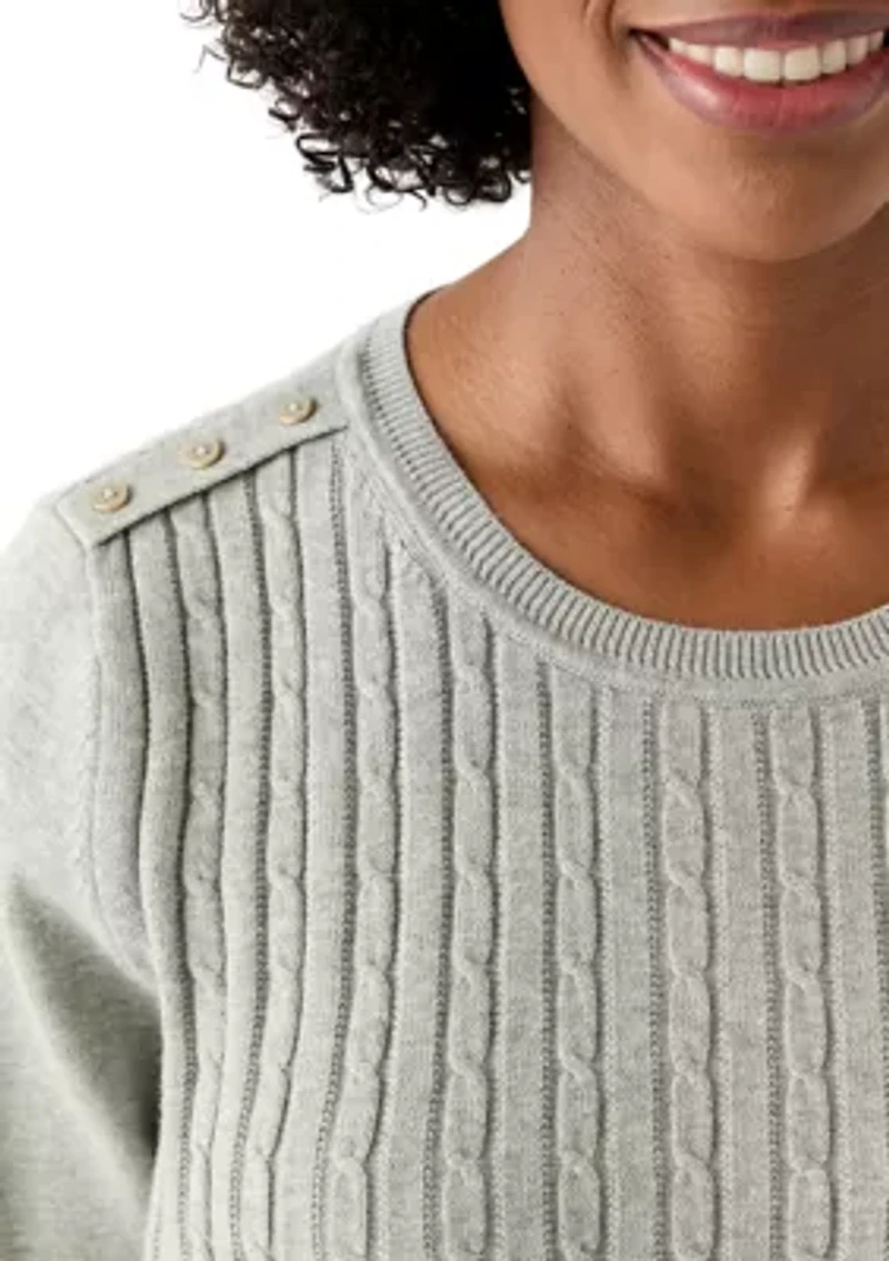 Women's Long Sleeve Cable Crew Neck Button Trim Sweater