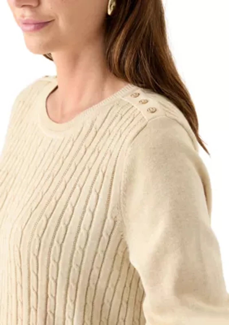 Women's Long Sleeve Cable Crew Neck Button Trim Sweater
