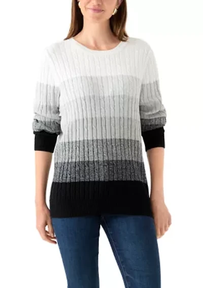 Women's Long Sleeve Cable Crew Neck Color Block Sweater