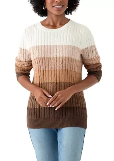 Women's Long Sleeve Cable Crew Neck Color Block Sweater