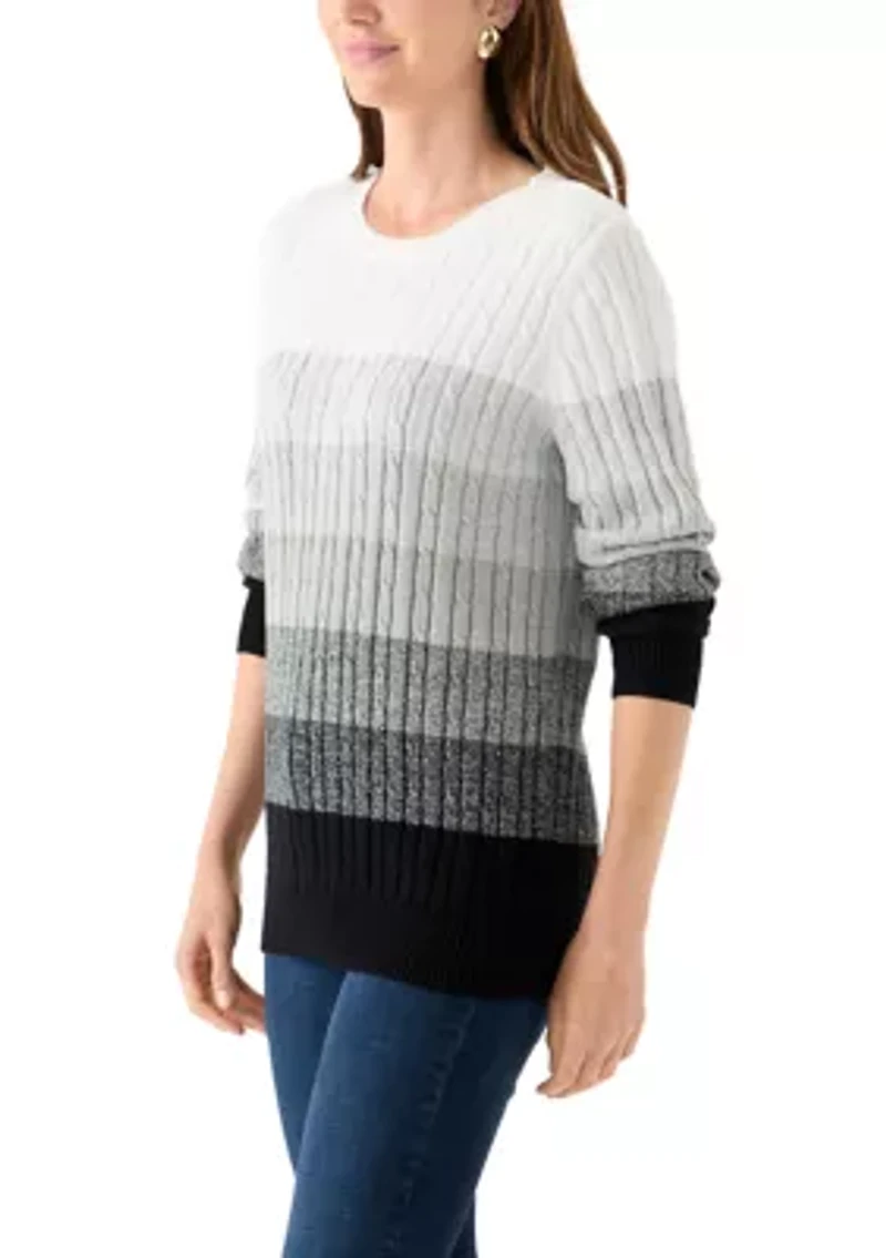 Women's Long Sleeve Cable Crew Neck Color Block Sweater
