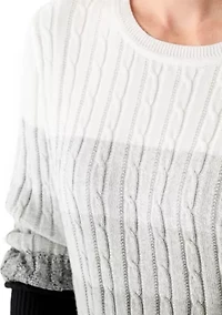 Women's Long Sleeve Cable Crew Neck Color Block Sweater