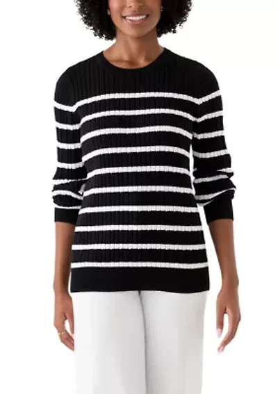 Women's Long Sleeve Cable Crew Neck Stripe Sweater