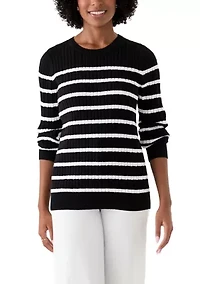 Women's Long Sleeve Cable Crew Neck Stripe Sweater