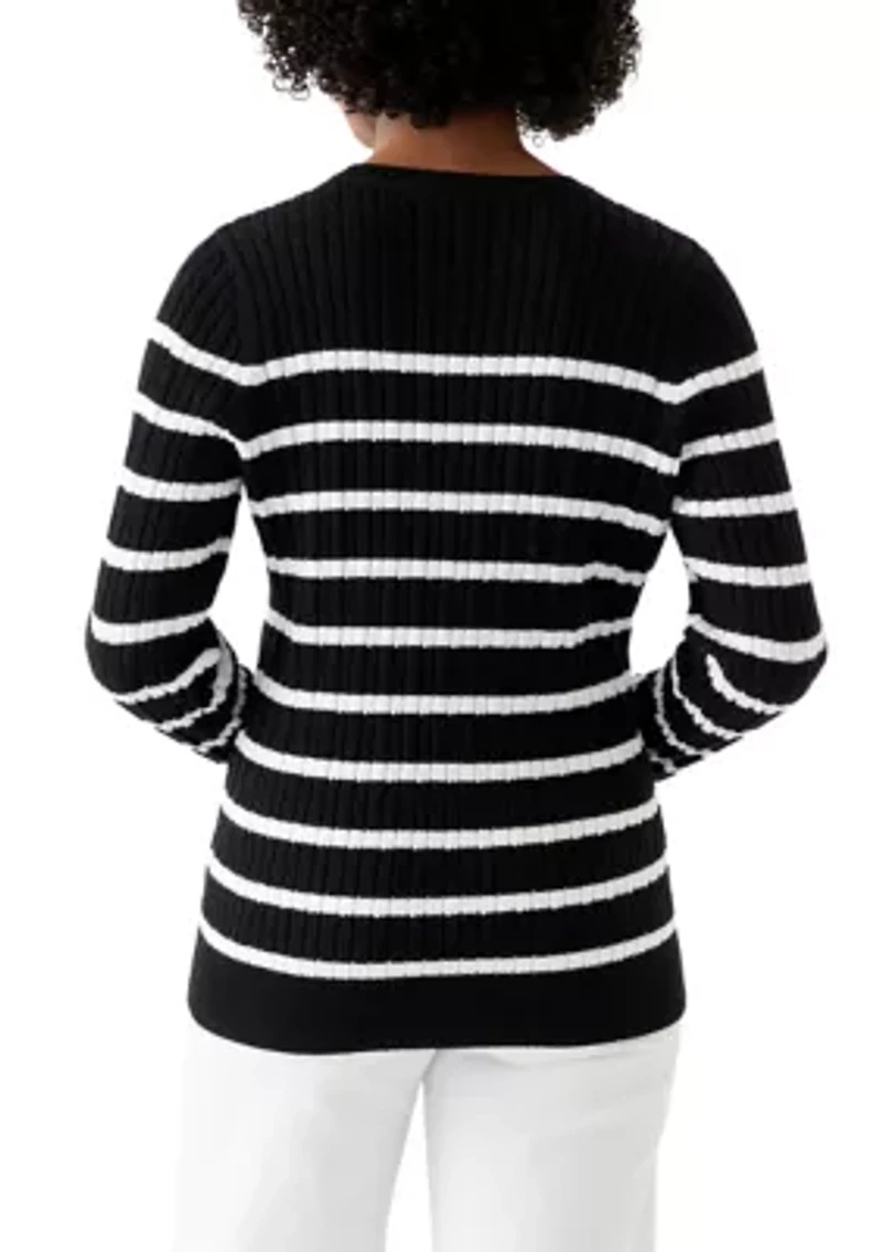 Women's Long Sleeve Cable Crew Neck Stripe Sweater