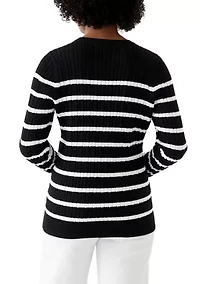 Women's Long Sleeve Cable Crew Neck Stripe Sweater