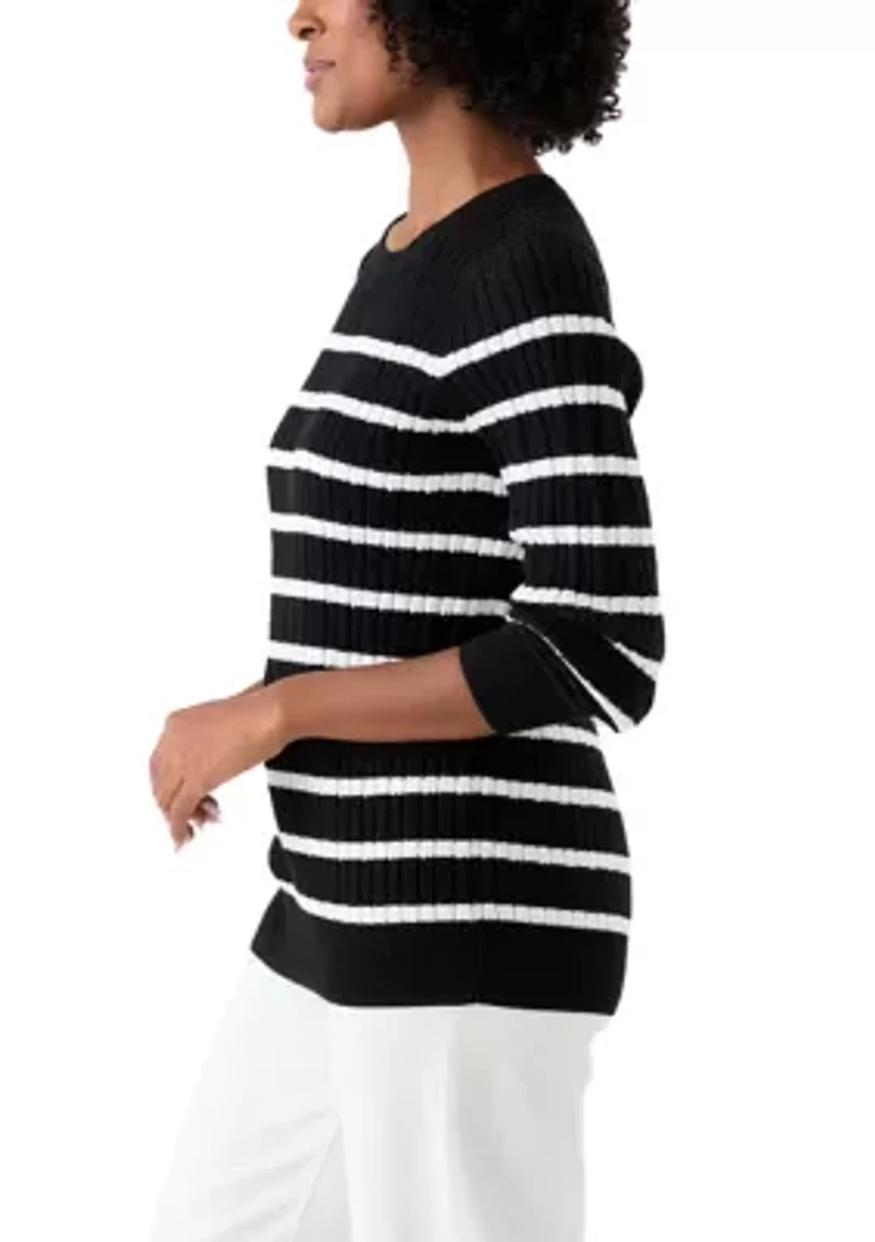 Women's Long Sleeve Cable Crew Neck Stripe Sweater